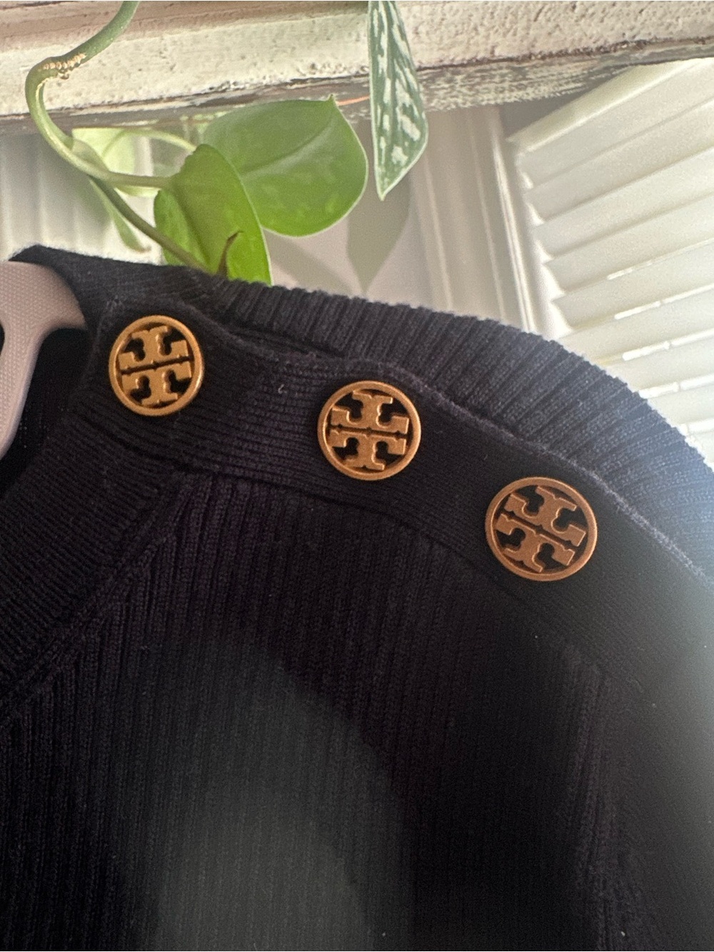 NWT Tory Burch | Navy Long-Sleeve Bell Knit Dress with Shoulder Buttons - Picture 2 of 11
